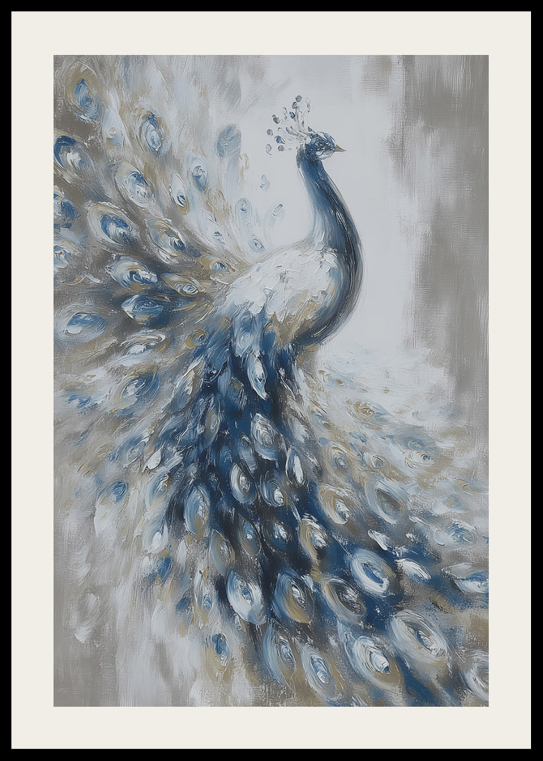 A peacock swoops majestically in blue and white tones.-12