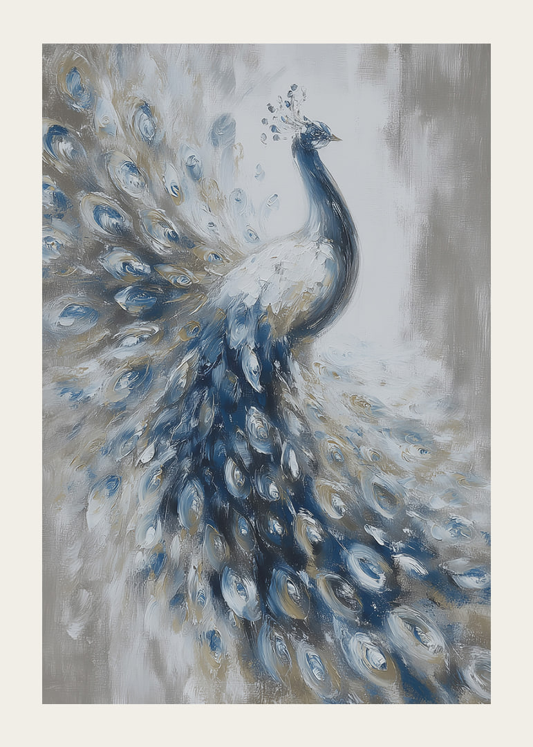 A peacock swoops majestically in blue and white tones.-12