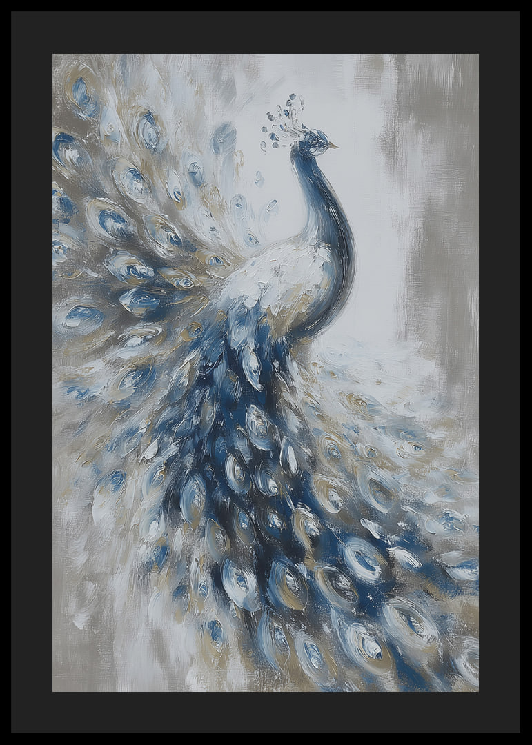 A peacock swoops majestically in blue and white tones.-12
