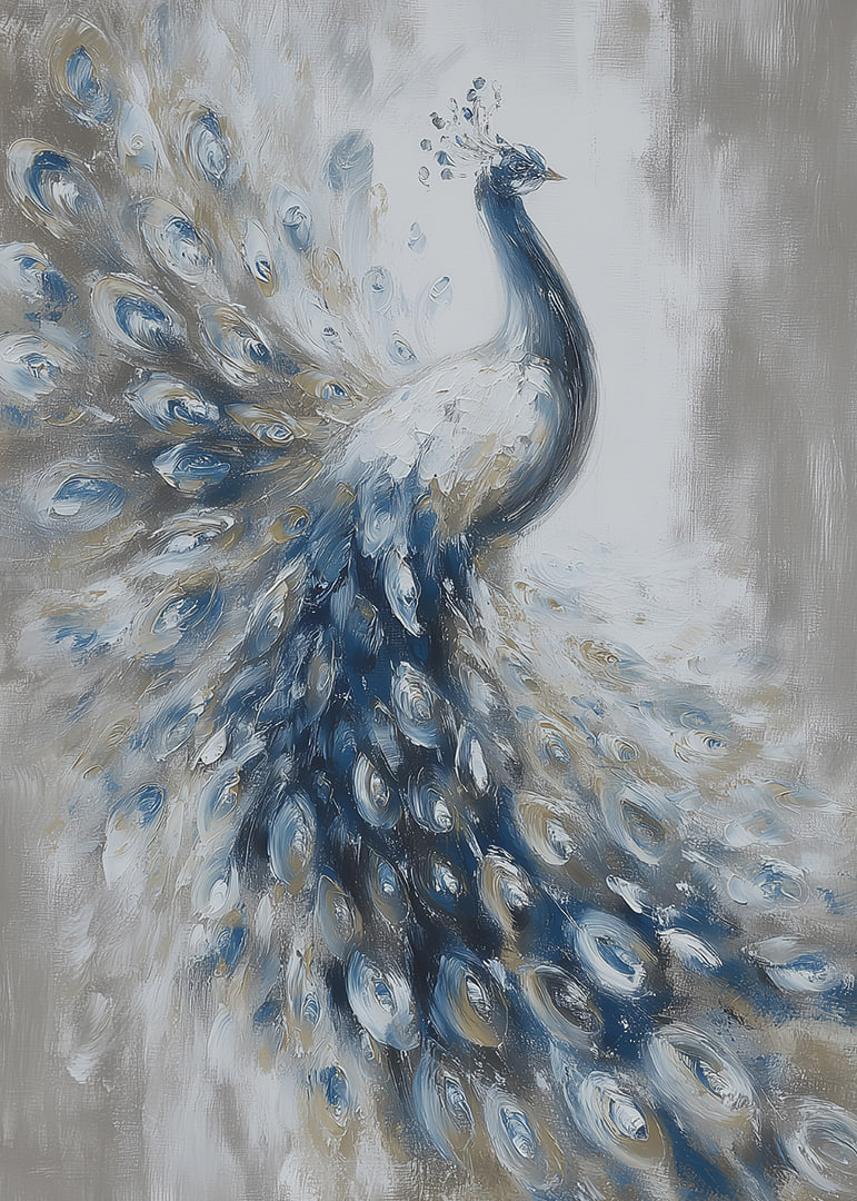 A peacock swoops majestically in blue and white tones.-12