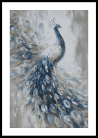 A peacock swoops majestically in blue and white tones.-0