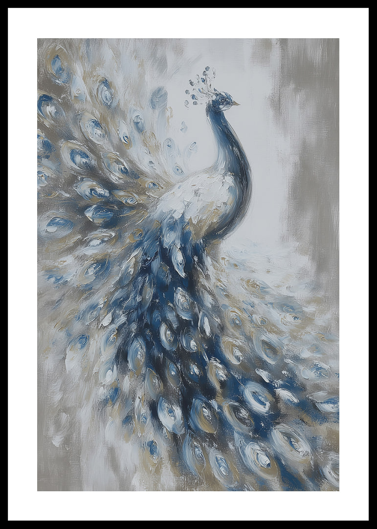 A peacock swoops majestically in blue and white tones.-12