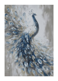 A peacock swoops majestically in blue and white tones.-1