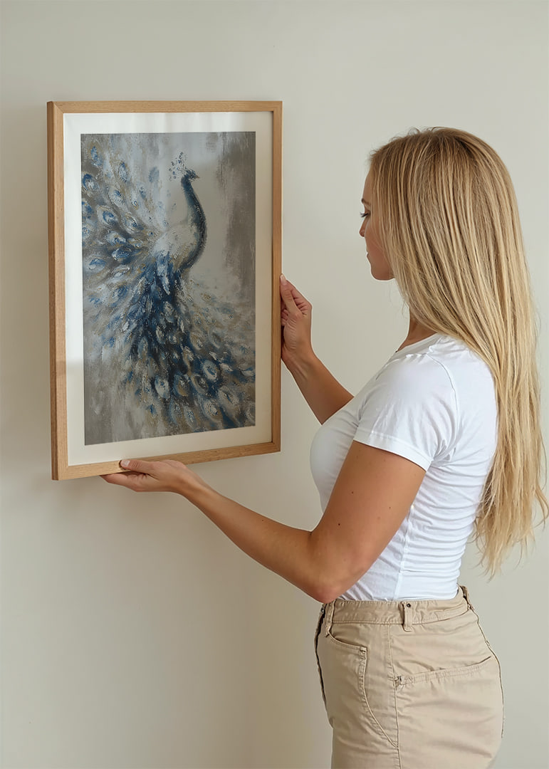A peacock swoops majestically in blue and white tones.-12