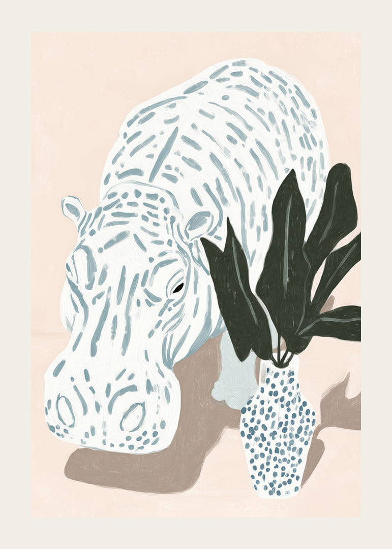 Nyugodt víziló motívum pasztell tónusokban, buja növényzettel.-12