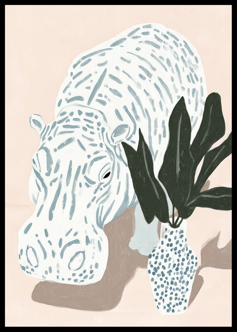 A calm hippo motif in pastel tones with lush vegetation.-12