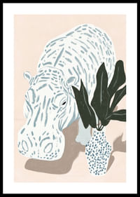 A calm hippo motif in pastel tones with lush vegetation.-0
