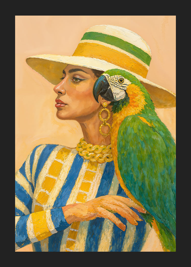 En kvinna och papegoja i färgstark harmoni.-12