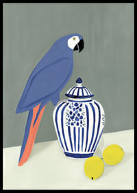 A parrot proudly guarding a wintry, beautiful ceramic jug.-2