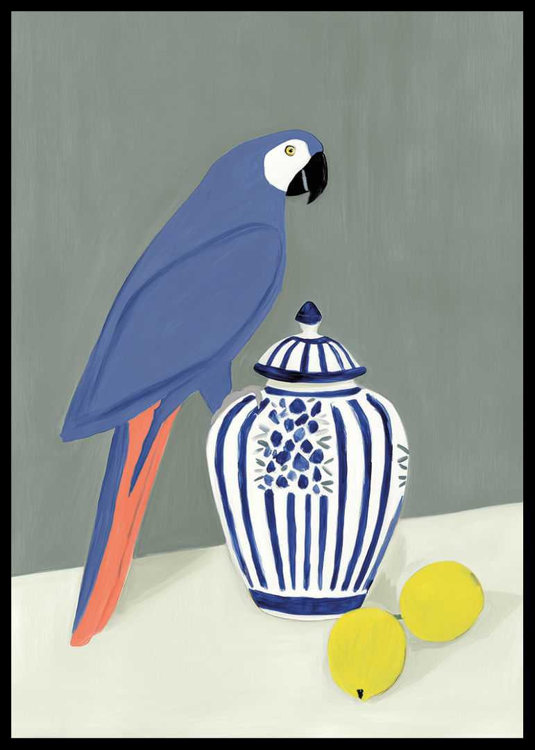 A parrot proudly guarding a wintry, beautiful ceramic jug.-12