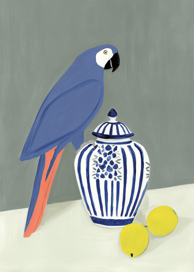 A parrot proudly guarding a wintry, beautiful ceramic jug.-12