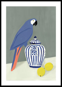 A parrot proudly guarding a wintry, beautiful ceramic jug.-0