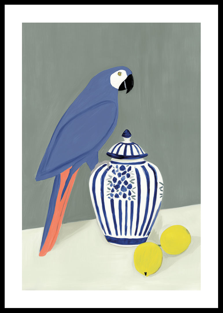 A parrot proudly guarding a wintry, beautiful ceramic jug.-12