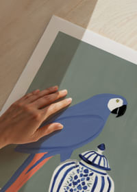 A parrot proudly guarding a wintry, beautiful ceramic jug.-5