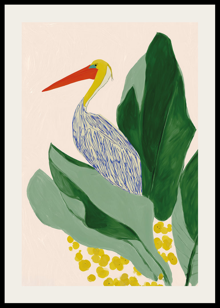 A tropical motif with a pelican and large green leaves.-12