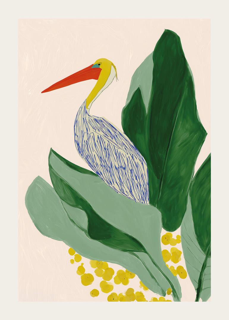 A tropical motif with a pelican and large green leaves.-12