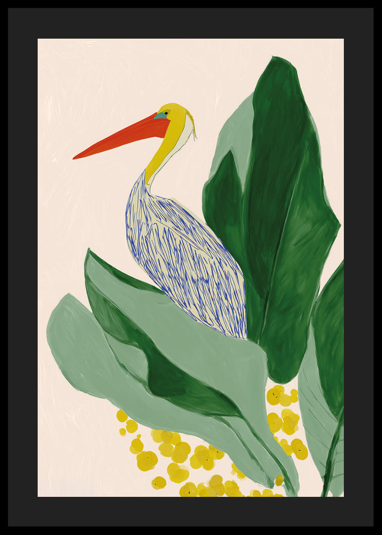 A tropical motif with a pelican and large green leaves.-12