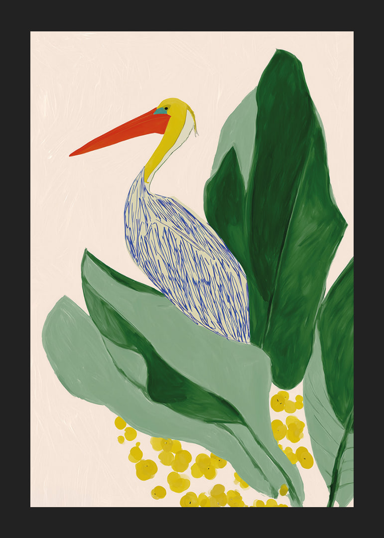 A tropical motif with a pelican and large green leaves.-12