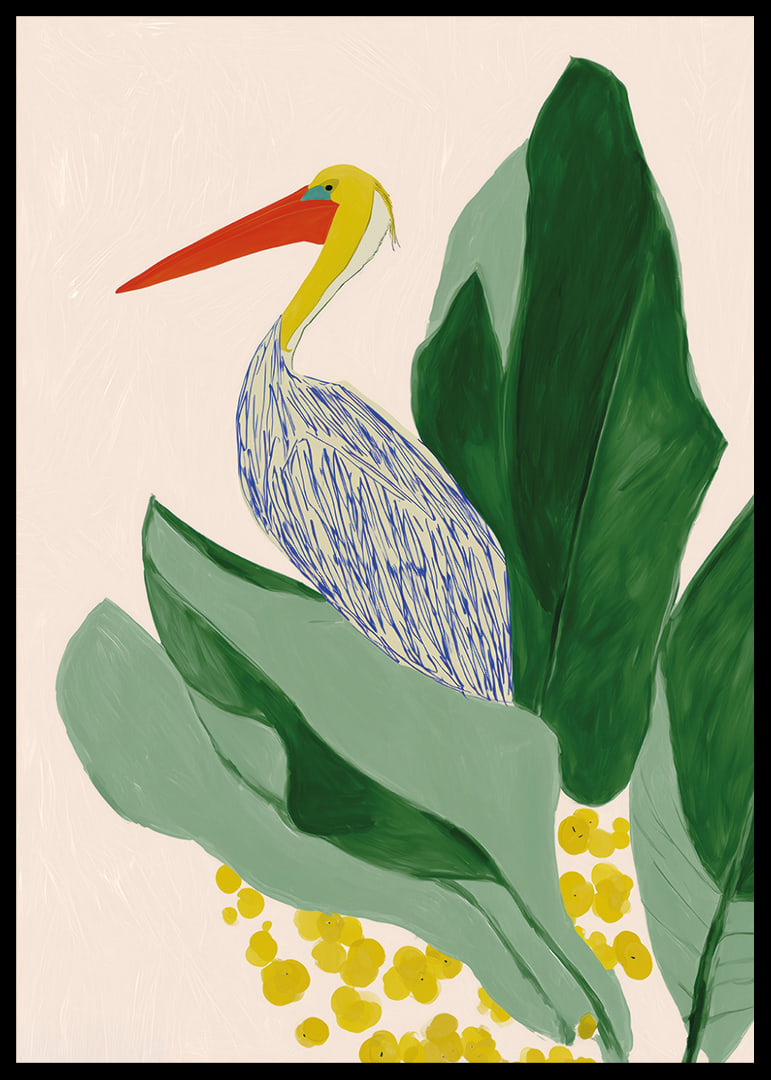 A tropical motif with a pelican and large green leaves.-12