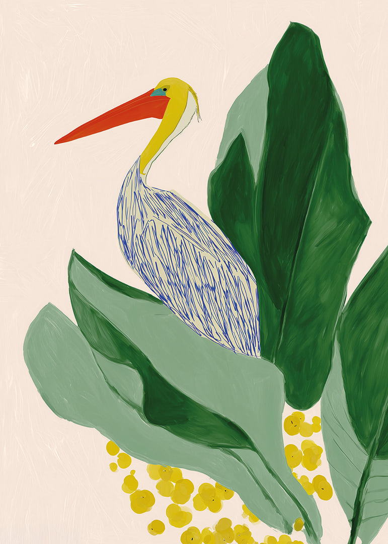 A tropical motif with a pelican and large green leaves.-12