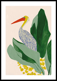 A tropical motif with a pelican and large green leaves.-0