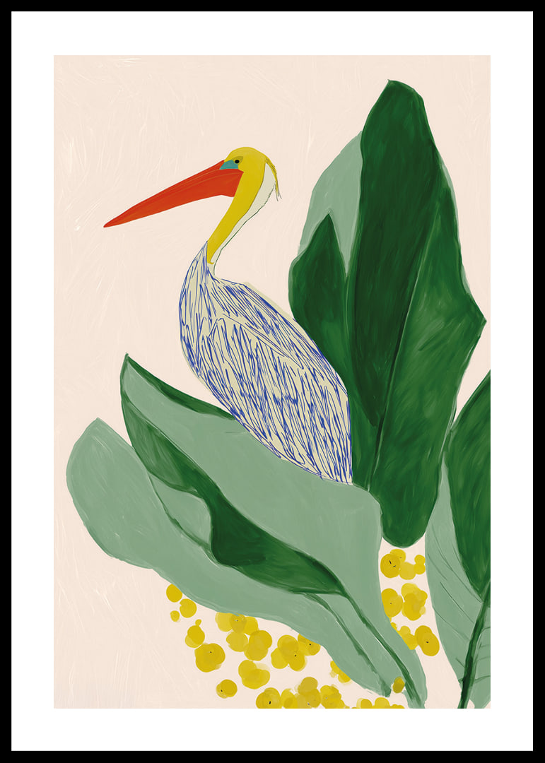 A tropical motif with a pelican and large green leaves.-12