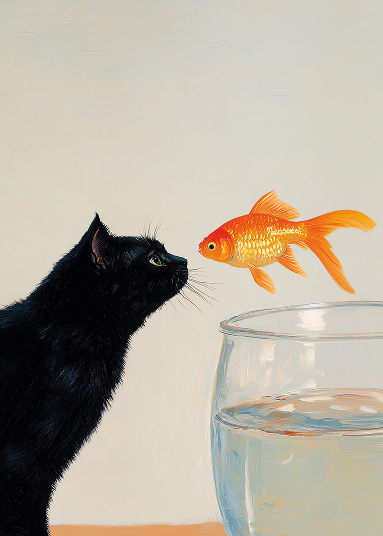 A cat and a goldfish meet in a fascinating moment.-12