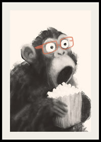 Surprised monkey with popcorn and glasses fascinates.-2