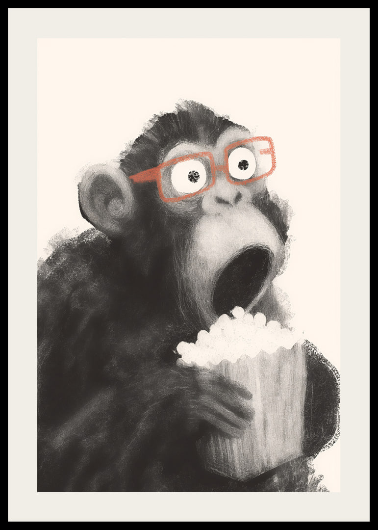 Surprised monkey with popcorn and glasses fascinates.-12