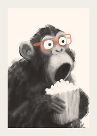 Surprised monkey with popcorn and glasses fascinates.-3