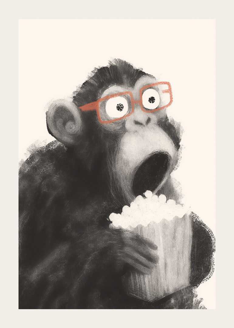 Surprised monkey with popcorn and glasses fascinates.-12