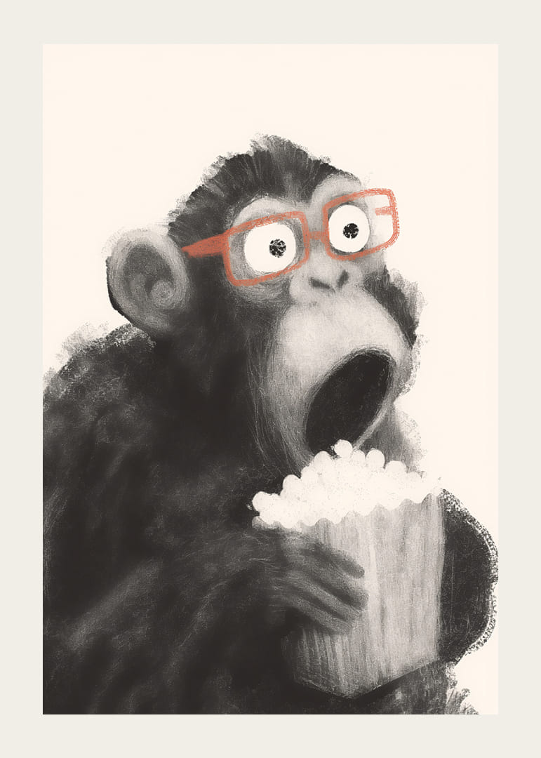 Prekvapená opica s popcornom a okuliarmi fascinuje.-12