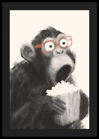 Surprised monkey with popcorn and glasses fascinates.-4
