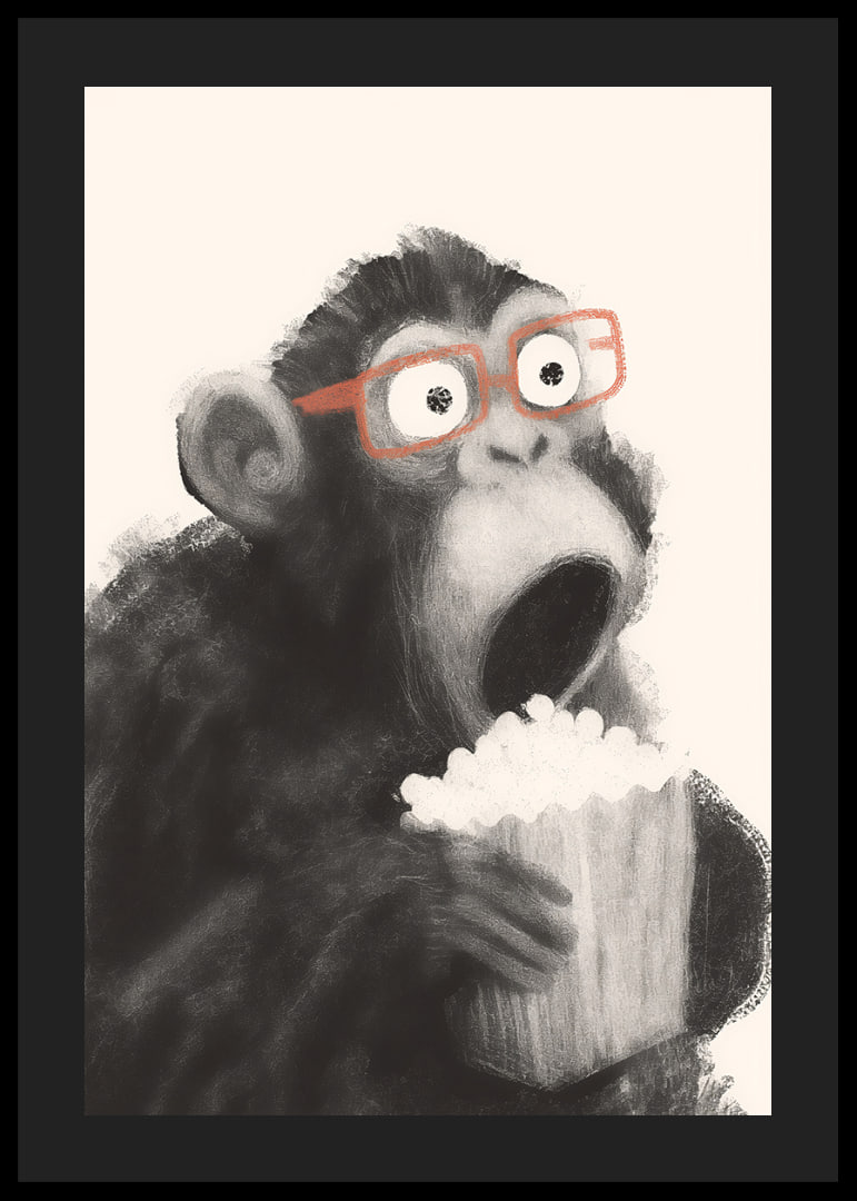 Surprised monkey with popcorn and glasses fascinates.-12