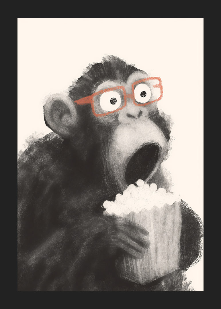 Surprised monkey with popcorn and glasses fascinates.-12