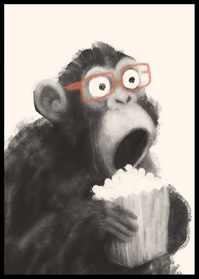 Surprised monkey with popcorn and glasses fascinates.-12