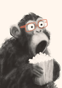 Surprised monkey with popcorn and glasses fascinates.-7