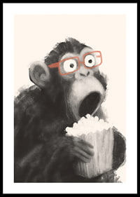 Surprised monkey with popcorn and glasses fascinates.-0