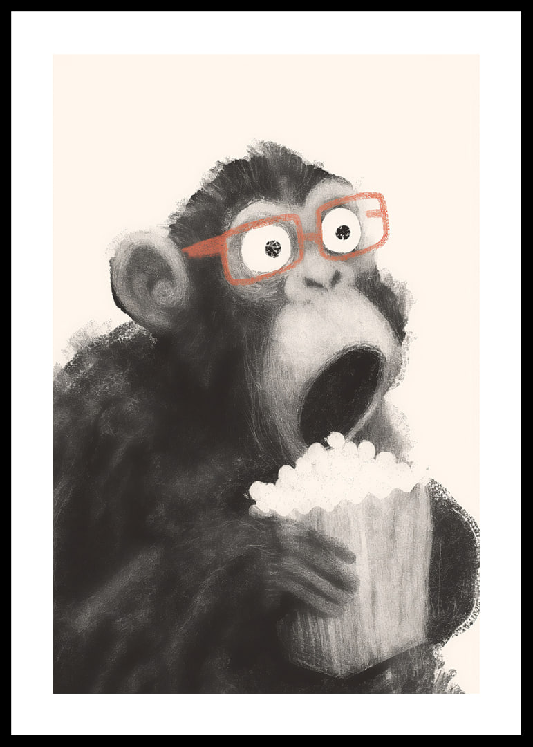 Surprised monkey with popcorn and glasses fascinates.-12