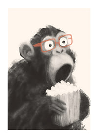Surprised monkey with popcorn and glasses fascinates.-1