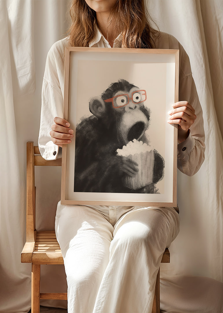 Surprised monkey with popcorn and glasses fascinates.-12