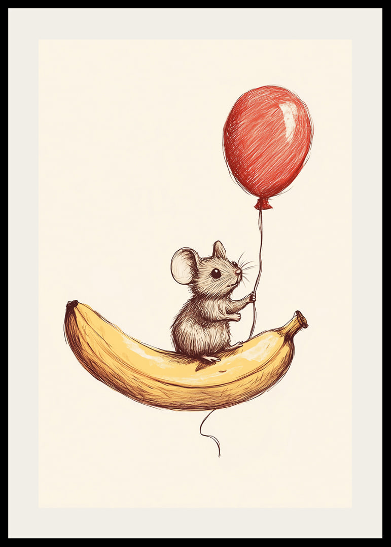 A mouse floats with a balloon above a banana.-12