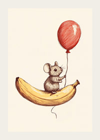 A mouse floats with a balloon above a banana.-3