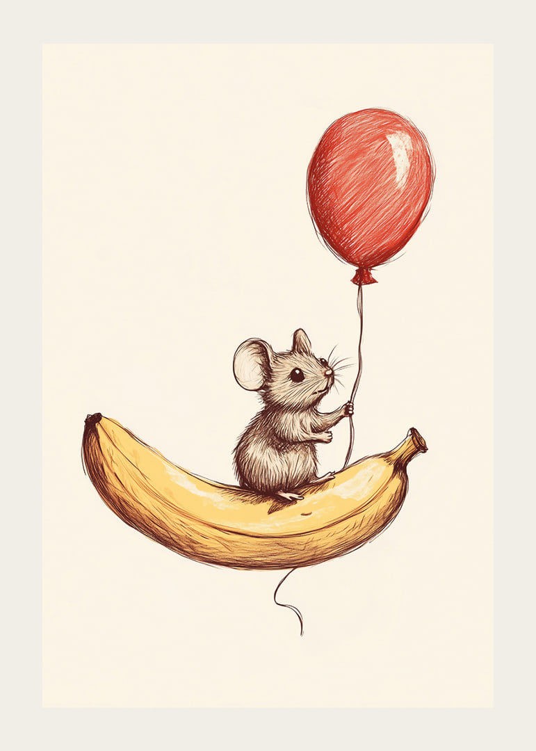 A mouse floats with a balloon above a banana.-12