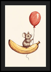 A mouse floats with a balloon above a banana.-4