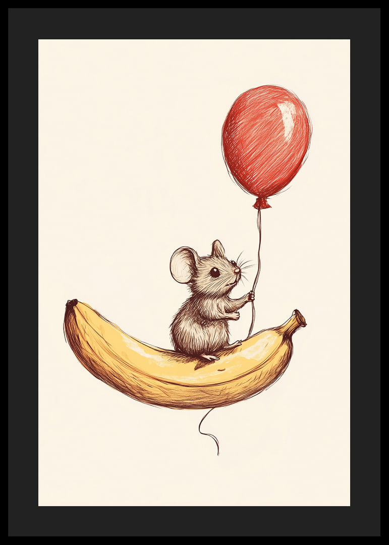 A mouse floats with a balloon above a banana.-12