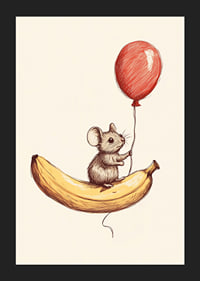 A mouse floats with a balloon above a banana.-5