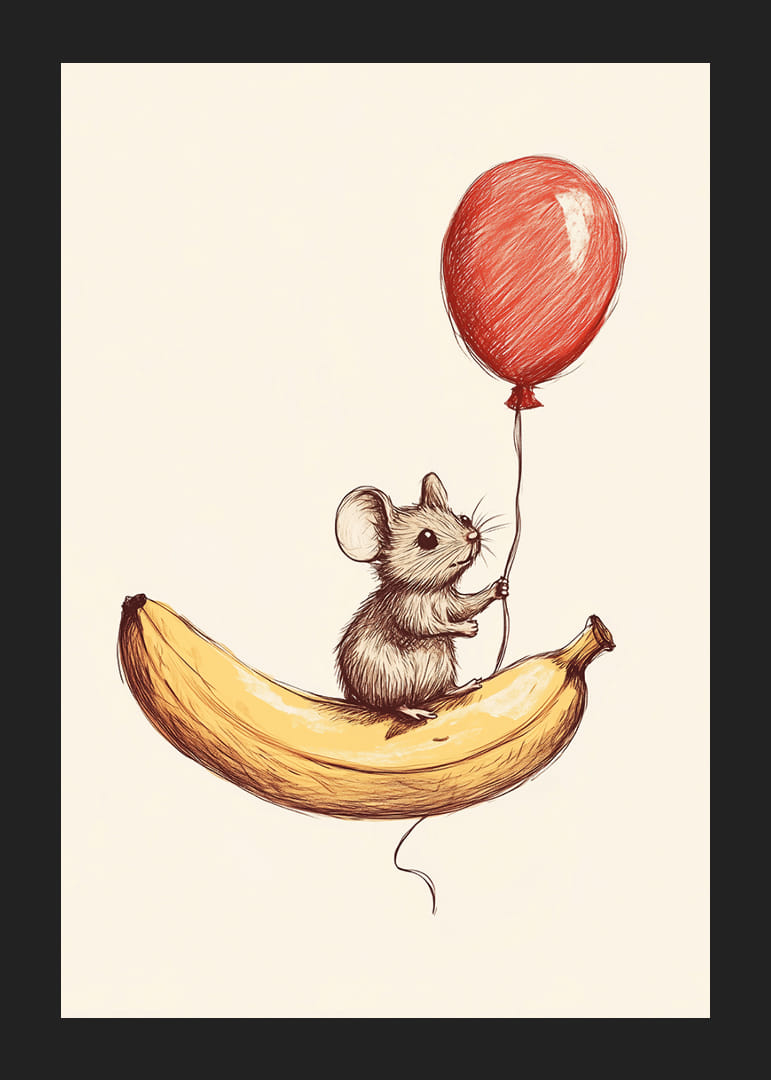En mus svever med en ballong over en banan.-12