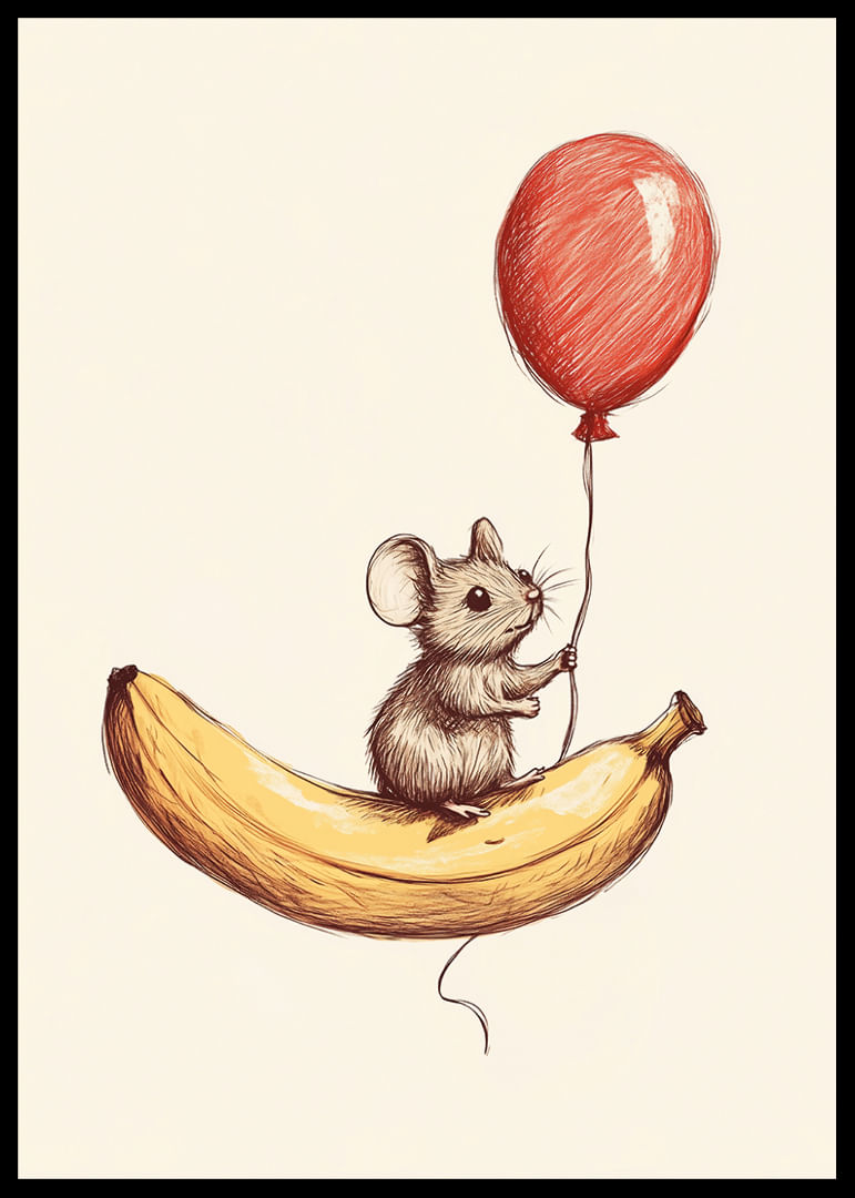 Un șoarece plutește cu un balon deasupra unei banane.-12