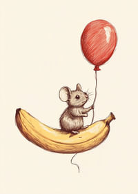 Un șoarece plutește cu un balon deasupra unei banane.-3